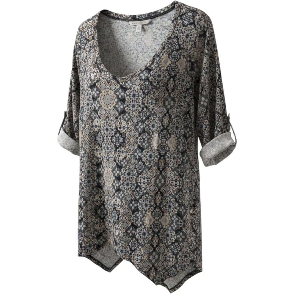 Simply Emma Women 2X Tunic Top Medallion Print Roll Tab Sleeve Sharkbite Hem